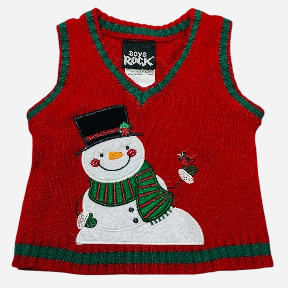 Boys Rock Red Snowman Sweater Vest
